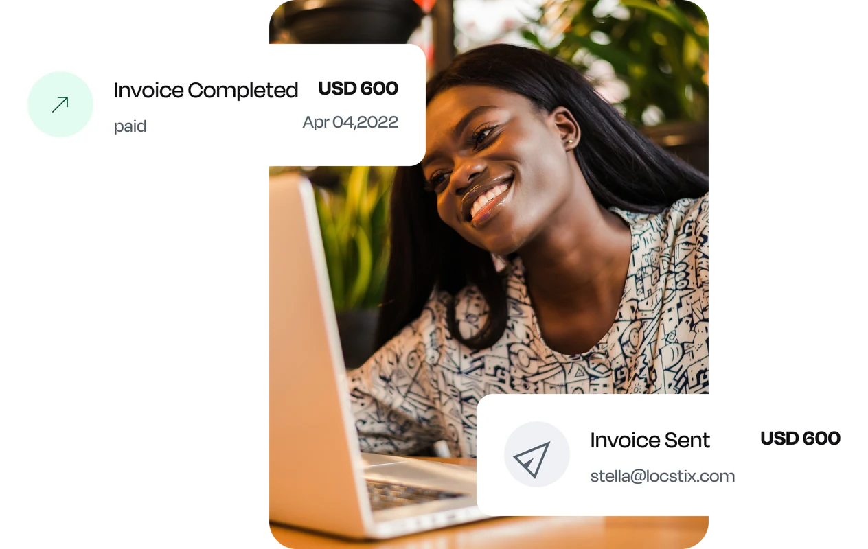 A business owner using Gidstack invoicing, with invoice sent and payment completed notifications