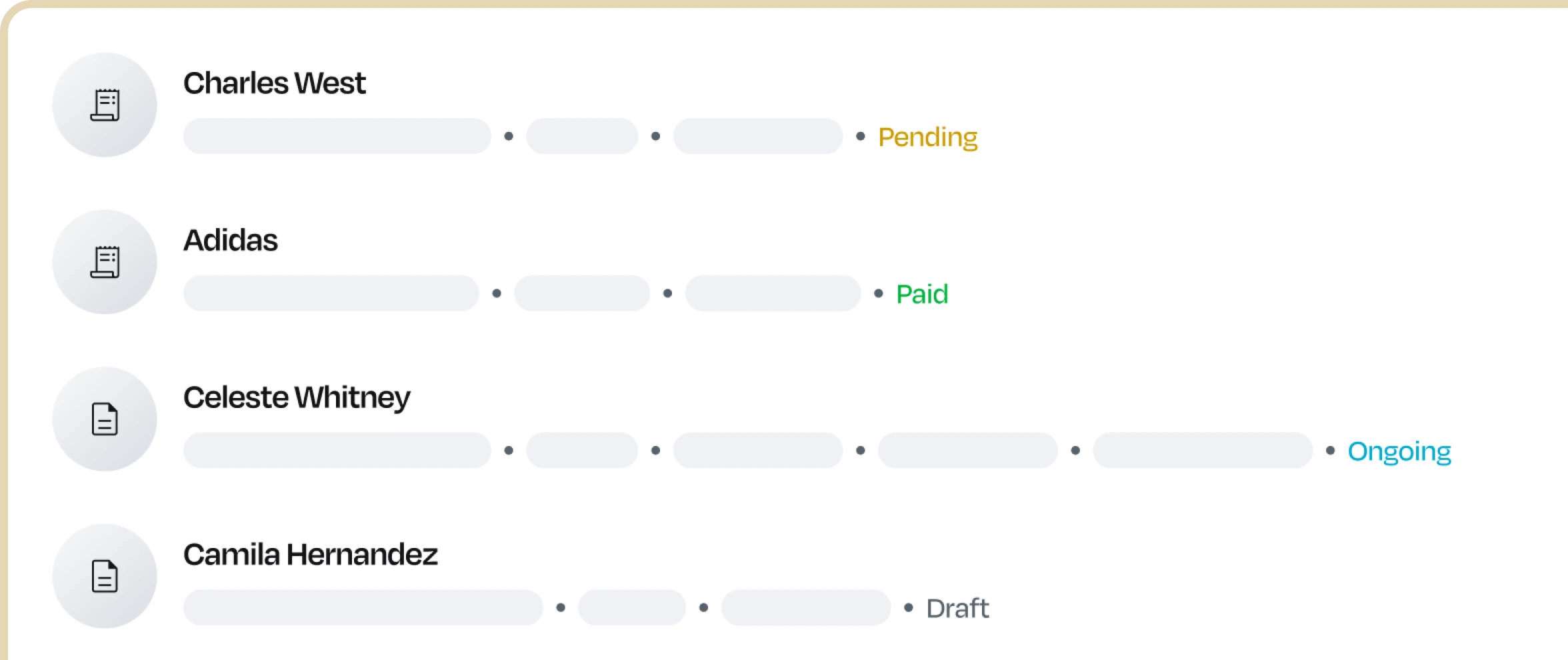 Invoice status list showing pending and paid invoices