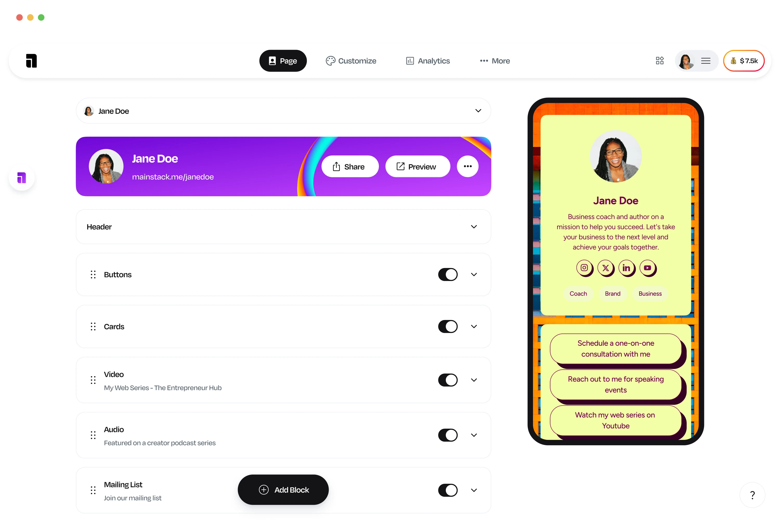 Gidstack dashboard displaying a creator Link in Bio profile